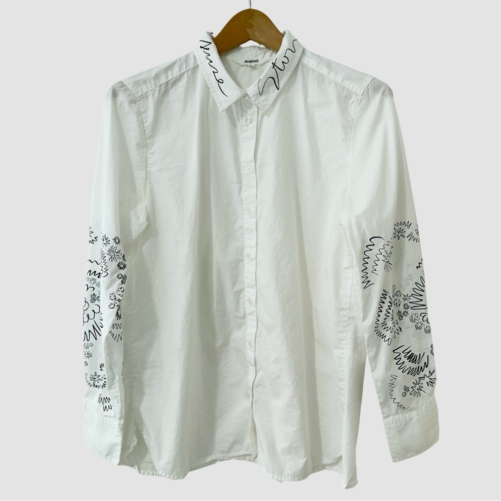 Desigual Women’s White Button Up Print Shirt L
